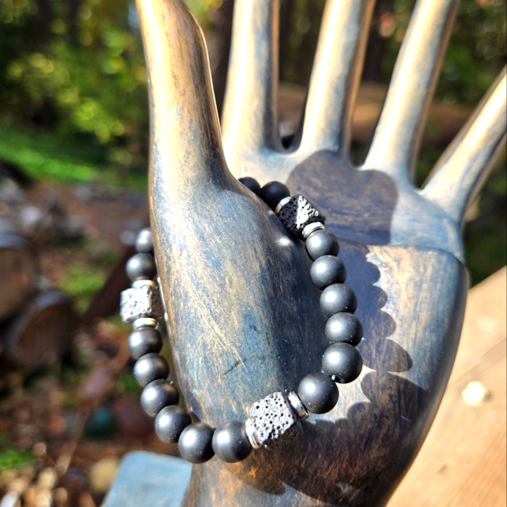 Natural matte obsidian & square volcanic gemstone crystal stretch bracelet